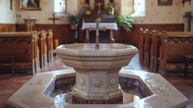 Traditional eight sided baptismal font with a crucifix symbolizes forgiveness through baptism