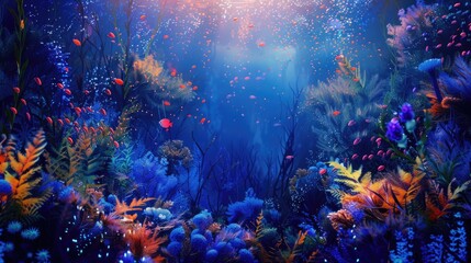 A vibrant underwater scene featuring various plants and colorful fish