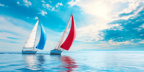 Two sailboats on the water, one with red sail and one with blue sail