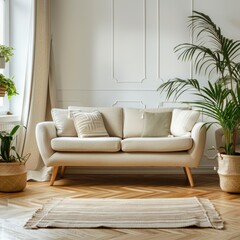 Modern Living Room Interior with Beige Sofa, Plant, and Rug