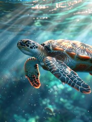 Fototapeta premium A turtle swims in the ocean with sunlight shining through the water