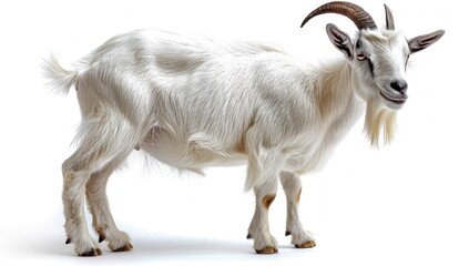 Obraz premium White Goat with Curved Horns Standing on White Background