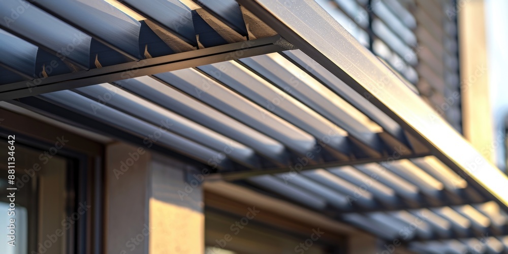 Poster a close-up shot of a metal structure on a building, suitable for use in architectural or engineering