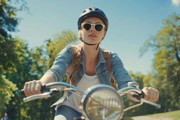 Fototapeta premium A woman rides her bike down a dirt path, surrounded by nature