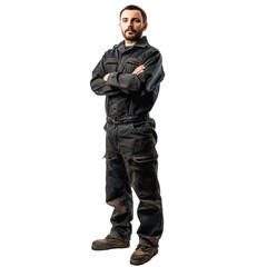 Male mechanic in a uniform stands with crossed arms on a transparent background
