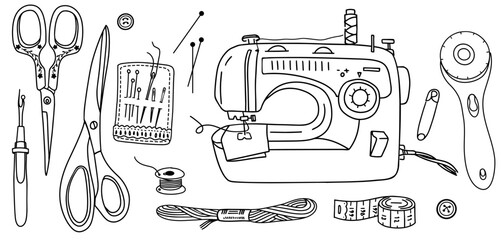 Set of sewing tools, sewing machine, scissors, pins, thread and rotary cutter, buttons, tape measure. Sewing, quilting hobby. Hand drawn doodles