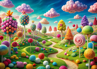 Vibrant colorful landscape features gumdrop trees, lollipop flowers, and winding roads surrounded by fluffy white clouds, ideal for whimsical holiday or birthday designs.