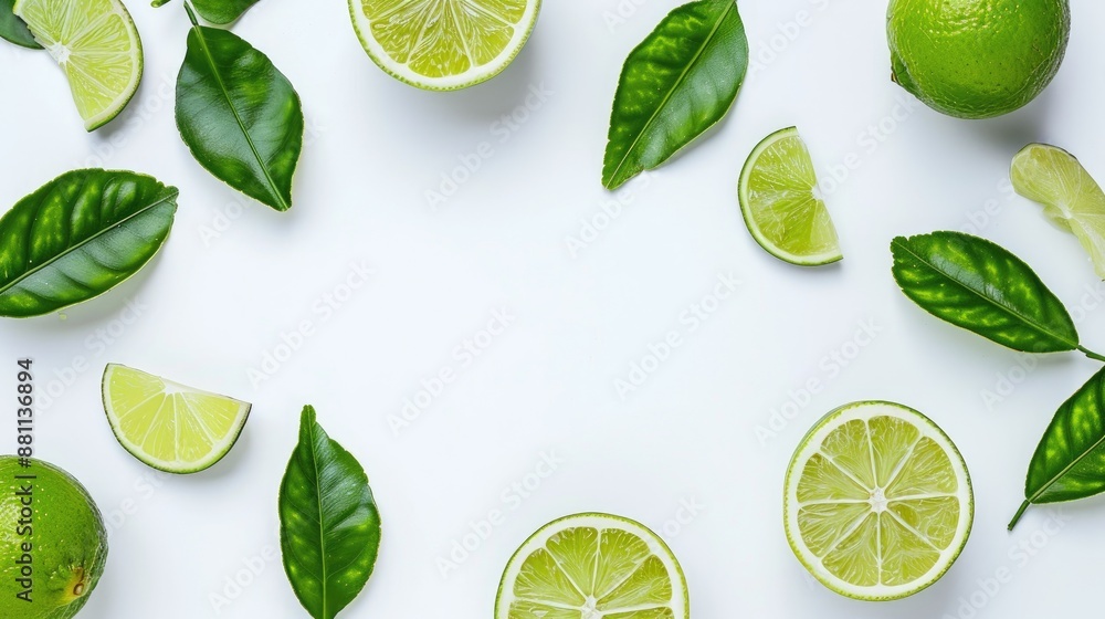 Aufkleber sliced lime with leaves on white background space for text top down view