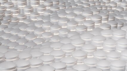 Fototapeta premium Modern white abstract 3d background for packaging. Buttons and shiny bloom . Illustration can be used in the health and beauty industry as a backdrop. Futuristic interior, bathroom tile pattern. 