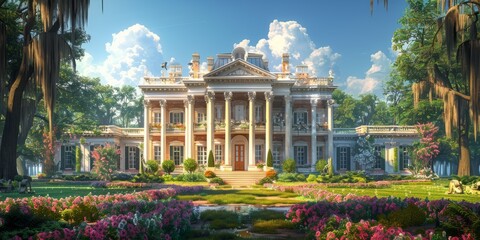 A regal Southern plantation house, with its grand columns, sweeping verandas, and lush gardens, captures the romance and history of the antebellum South