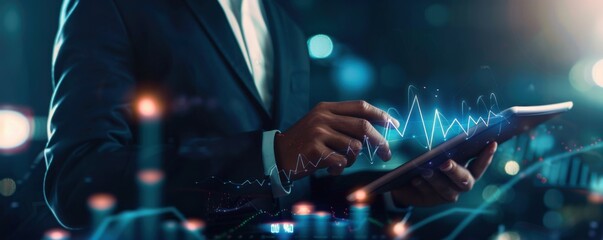 Businessman with tablet is analyzing sales and growth with graph., marketing concept panorama. Generative AI.