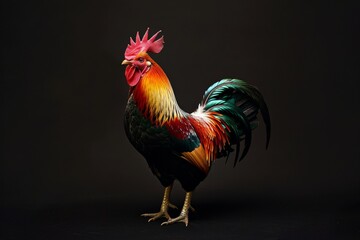 Fototapeta premium Mystic portrait of Layer Chicken, full body view, isolated on black background 