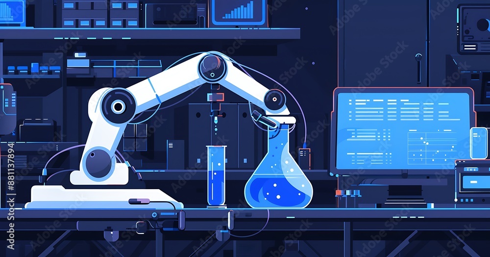 Poster robotic arm in a laboratory with a computer and a blue glowing beaker