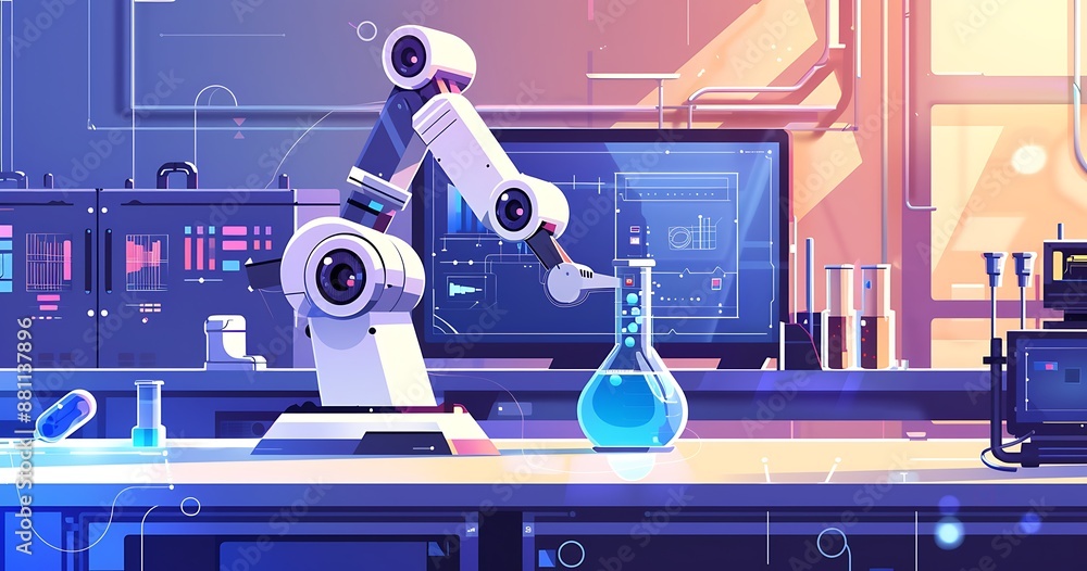 Aufkleber robotic arm in futuristic laboratory with beakers and computer screens