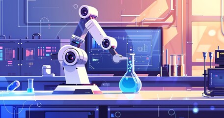 Robotic arm in futuristic laboratory with beakers and computer screens