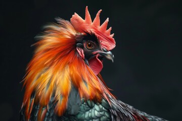 Fototapeta premium Mystic portrait of Silkie Chicken, full body view, isolated on black background 