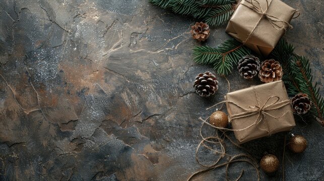 Craft holiday themed gift packaging and Christmas ornament featuring natural elements on stone background Horizontal layout Empty space for customization