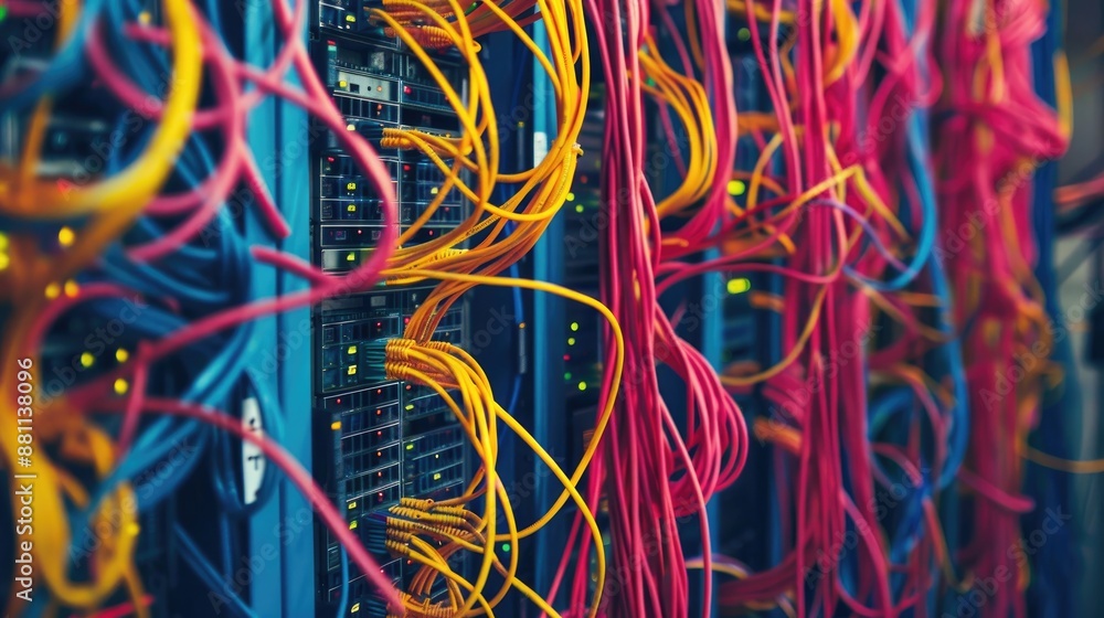 Poster many wires serving specific functions in a computer s server room