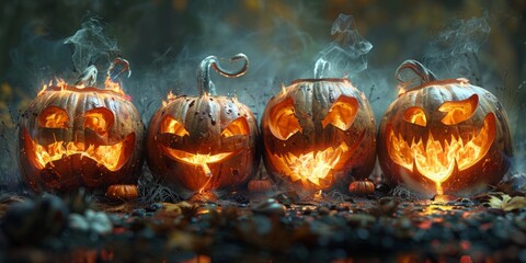 Fototapeta premium Carved jack-o'-lanterns for National Pumpkin Day, October 26th, glowing faces, creative designs, Halloween spirit