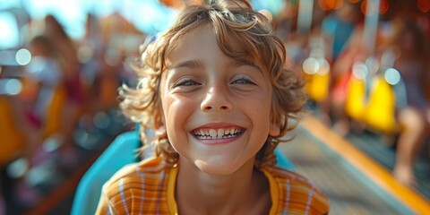 Children enjoying amusement park for National Amusement Park Day, August 16th, thrilling rides, happy faces, fun-filled day