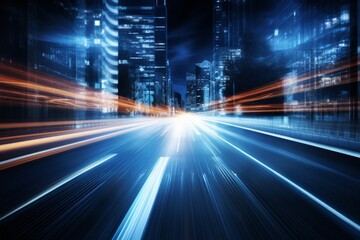 Fototapeta premium Urban traffic rush with motion blur, abstract long exposure of busy city highway at night