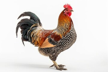 the beside view of a Brahma Chicken, left side view, white copy space on right, dutch angle view, isolated on white background
