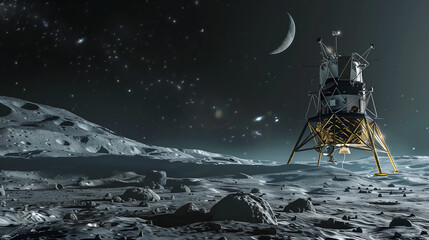 photorealistic, highly detailed render of the apollo lander on moon's surface with craters and small rocks