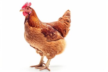 Fototapeta premium the beside view of a Broiler Chicken, left side view, white copy space on right, dutch angle view, isolated on white background