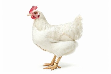 the beside view of a Serama Chicken, left side view, white copy space on right, dutch angle view, isolated on white background