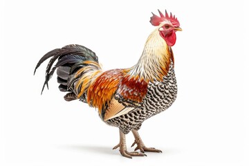 Fototapeta premium the beside view of a Serama Chicken, left side view, white copy space on right, dutch angle view, isolated on white background