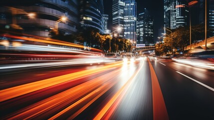 Urban traffic in motion  rush hour city highway with blurred car lights at night