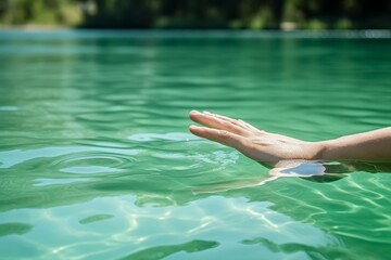 Eco gesture  hand on green river water surface for nature conservation and environment preservation