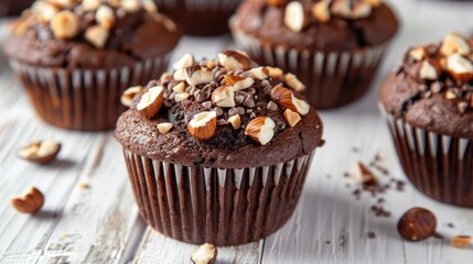 Hazelnut topped chocolate muffins on a white wood surface