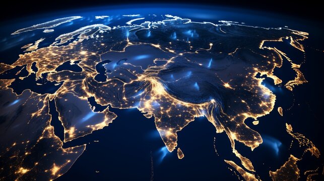 Nighttime satellite view  earth s city lights in asia, featuring china and india on map
