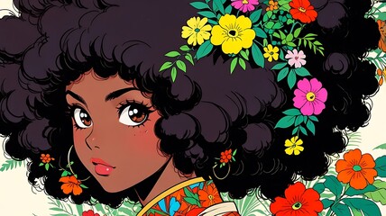 Naklejka premium afro woman floral background high detailed, banner, retro anime style 
