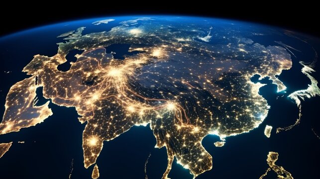 Nighttime satellite view of earth showing city lights, asia map with focus on china and india