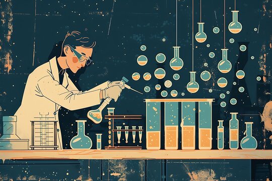 Illustration of a female scientist wearing a lab coat and safety goggles conducting an experiment in a laboratory with beakers and test tubes.