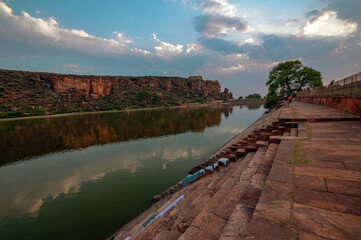 Fototapeta premium sunset over the agastyalake badami karnataka