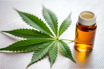 A bottle of cannabis oil is next to a leafy green marijuana plant