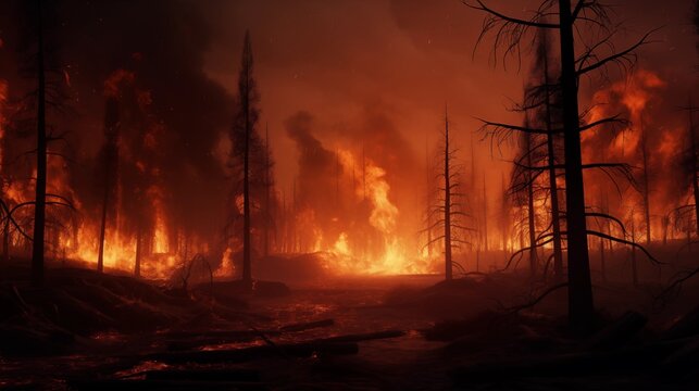 Wildfire, burning forest.