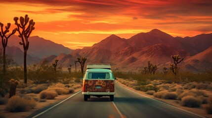 Obraz premium Vintage van traversing sunset canyon on road trip for adventure and freedom exploration