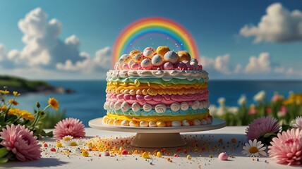A beautiful photorealistic cake depicting marshmallows, the cake is made of whipped cream with clouds on the sky in background.Cake is decorated with colourful daisies & rainbow as cake topper 