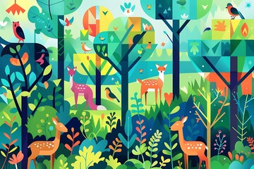 Geometric animals and birds in a lush forest with vibrant colors