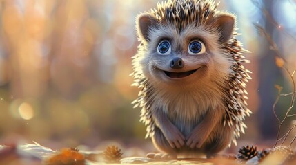 Fototapeta premium Cute Animated Hedgehog Smiling on Beige Background