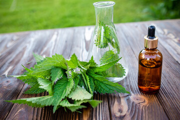 Fresh Green Nettle Leaves and Oil Bottles on Wooden Table Outdoors