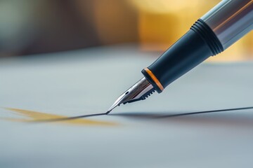 Fototapeta premium A close-up of a fountain pen creating a thin line on white paper, suggesting elegance and precision.