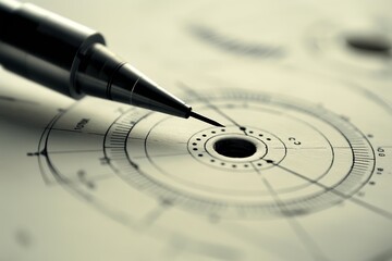 Monochrome technical drawing with a mechanical pencil showcasing intricate, precise circular designs for analysis.