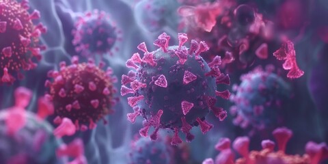 A close-up digital rendering of virus particles with a pinkish hue, highlighting their spiky structures in detail.