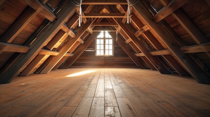 Empty attic with wooden beams and parquet flooring