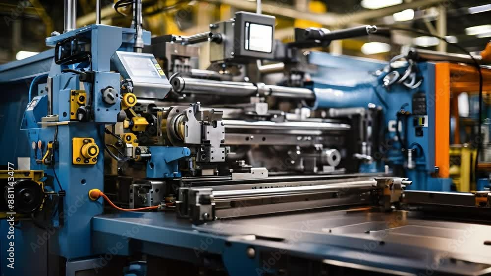 Poster industrial machinery in a factory setting with a focus on production process. concept factory machin